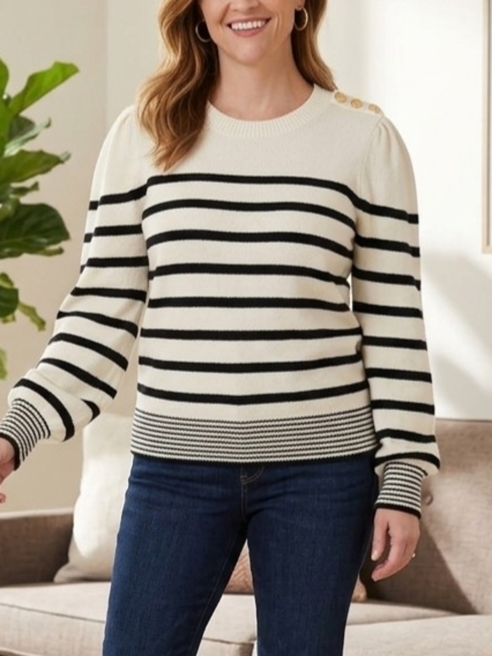 ​Draper James Cream Black Striped Gold Button Shoulder Puff Sleeve Sweater L